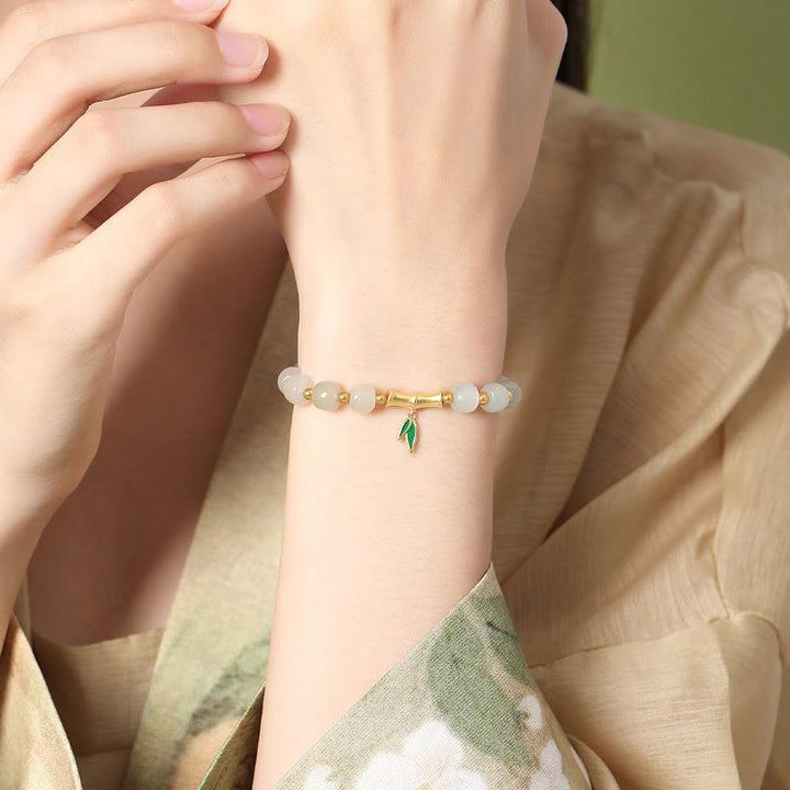 Pulsera de la suerte de bambú de jade blanco hetiano de plata de ley 925 con Buddha Stones