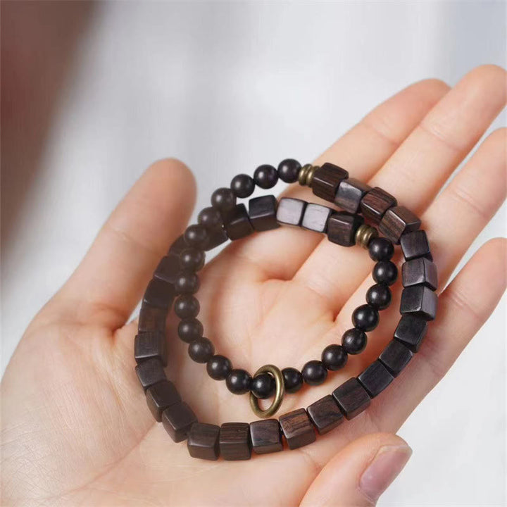 Pulsera de doble vuelta con cuentas cuadradas de madera de ébano del Tíbet y Buddha Stones