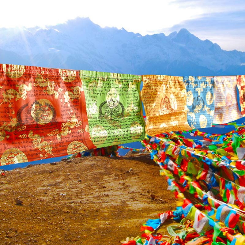 Buddha Stones Sutra tibetano de la longevidad con 5 colores y bendición del caballo de viento, 20 banderas de oración para exteriores. - 7 metros - image 0