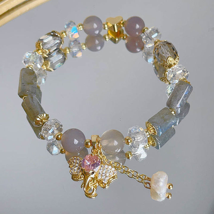 Pulsera con dije de elefante positivo, Buddha Stones , amatista, aventurina verde, cuarzo fresa