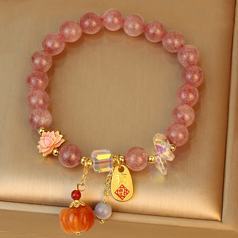 Pulsera positiva con dije de calabaza con personaje Fu de cuarzo fresa natural con Buddha Stones