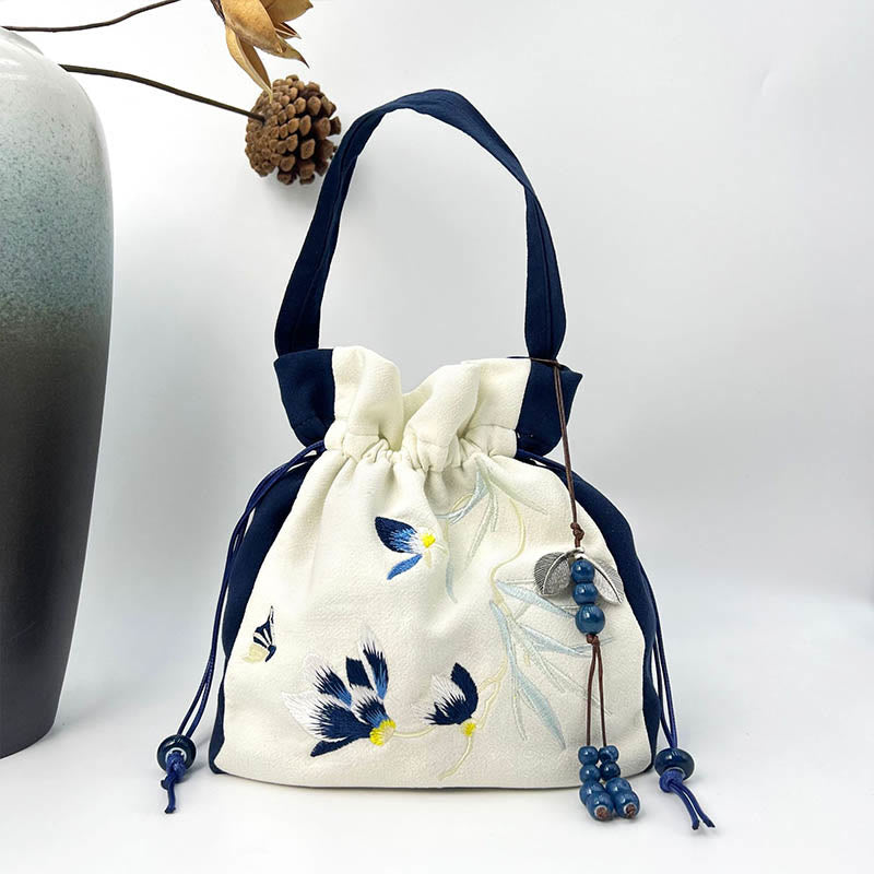 Bolso bandolera con Buddha Stones, bordado, mariposa, loto, magnolia, algodón y lino