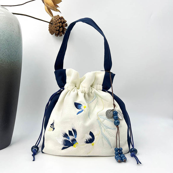 Bolso bandolera con Buddha Stones, bordado, mariposa, loto, magnolia, algodón y lino
