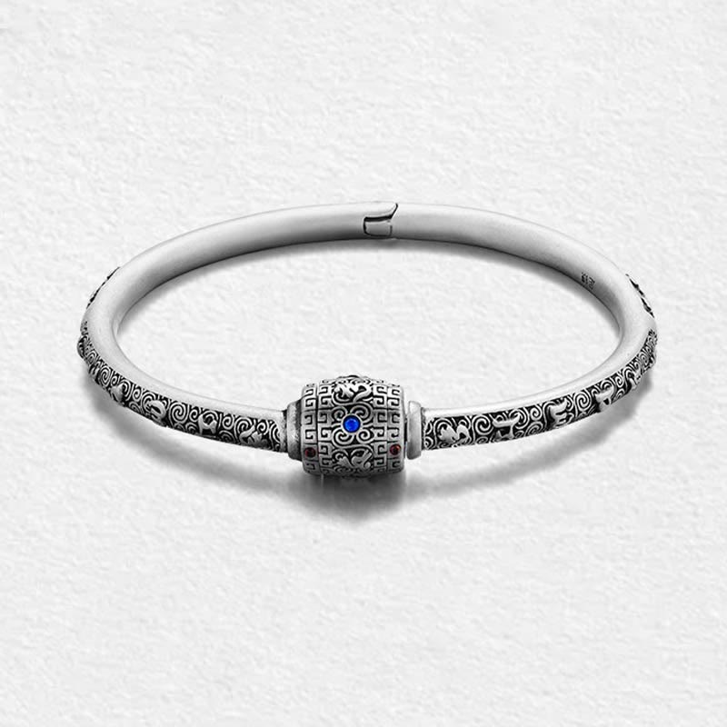 Pulsera de creatividad grabada con Buddha Stones de plata de ley 990, nubes auspiciosas tibetanas, Om Mani Padme Hum