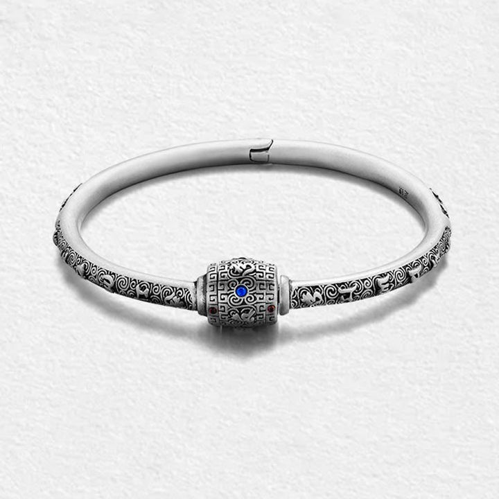 Pulsera de creatividad grabada con Buddha Stones de plata de ley 990, nubes auspiciosas tibetanas, Om Mani Padme Hum