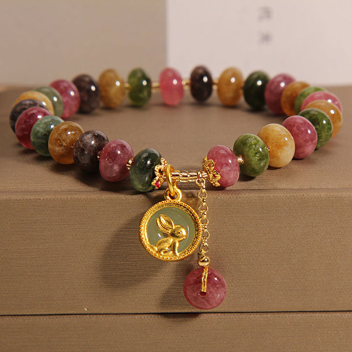 Pulsera positiva con dije de conejo lindo de turmalina colorida natural con Buddha Stones