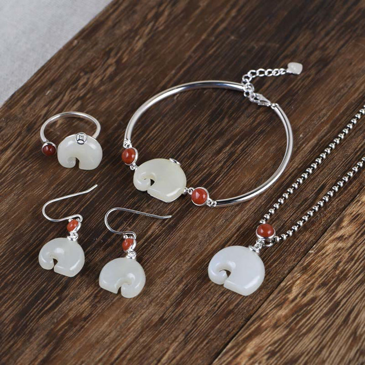 Buddha Stones de plata de ley 925, elefante, jade hetiano, collar de abundancia, colgante, pulsera, anillo, pendientes