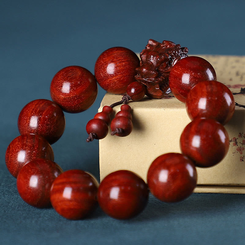 Pulsera de protección con Buddha Stones, palisandro, sándalo verde, hoja pequeña de sándalo rojo y dragón tallado