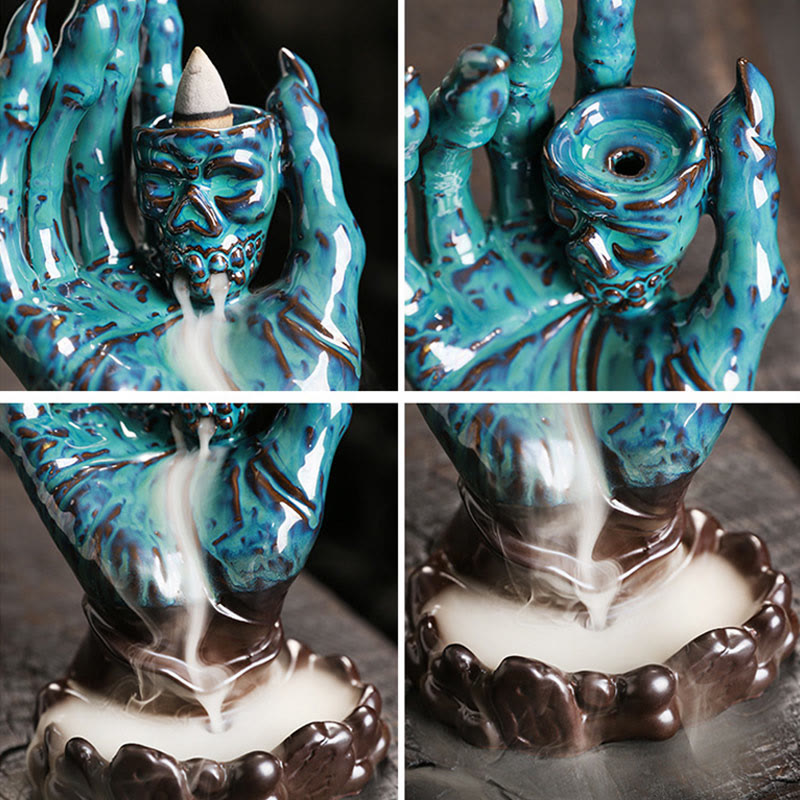 Quemador de incienso curativo de cerámica con cabeza de calavera y mano fantasma de Halloween , Buddha Stones, decoración