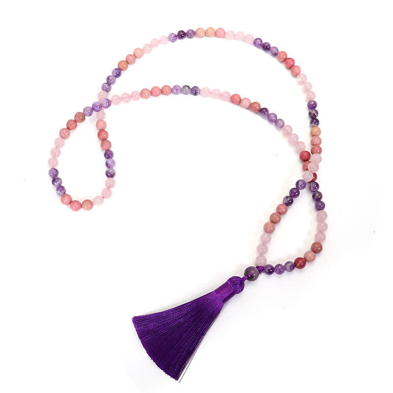Pulsera de borlas curativas espirituales con Buddha Stones, 108 cuentas Mala, amatista, cuarzo rosa