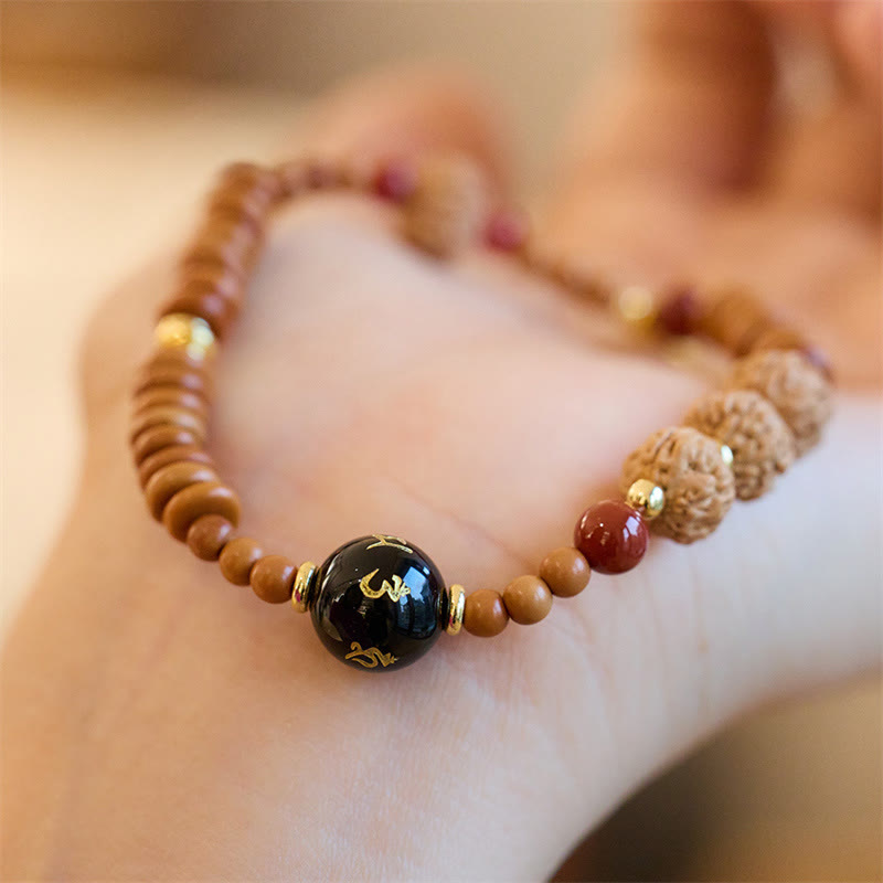Buddha Stones, semilla tibetana de Bodhi, ónix negro, cuarzo ahumado, Om Mani Padme Hum Fu, pulsera de riqueza con carácter