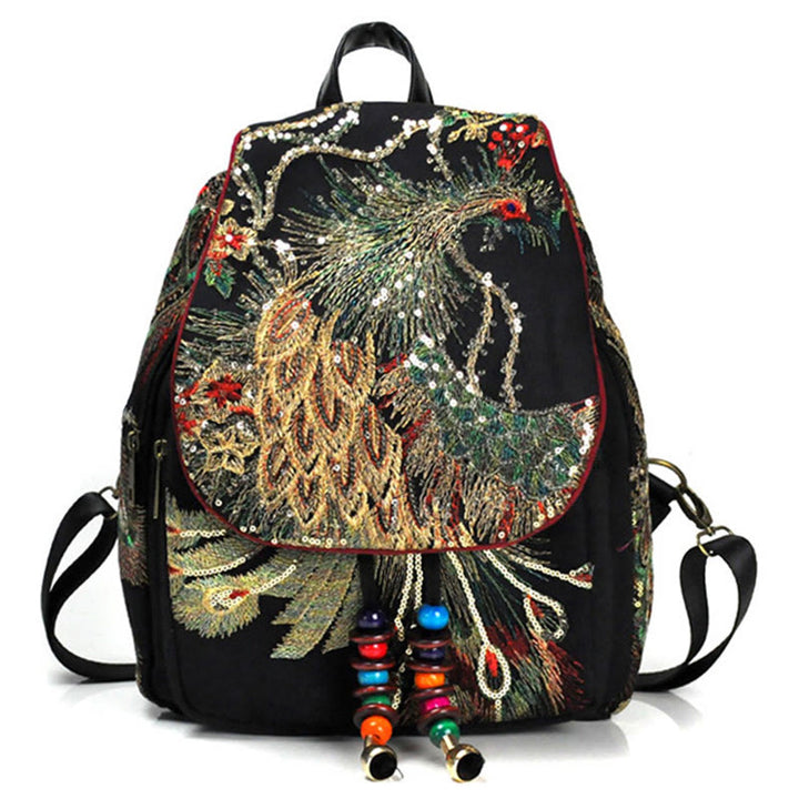 Mochila con borlas de lona con bordado de pavo real