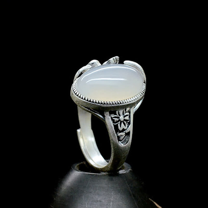 Anillo de armonía positiva de ciruela de calcedonia natural de plata de ley 990