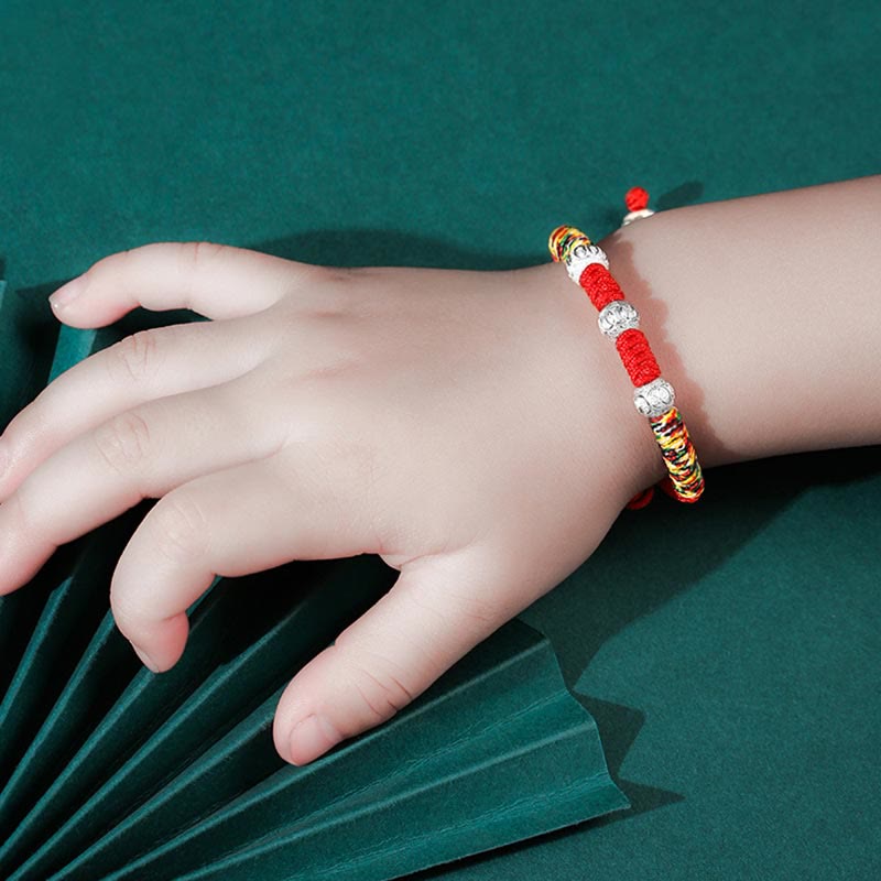 Pulsera para niños trenzada hecha a mano con Buddha Stones , Plata de Ley 925, nudo King Kong, hilo rojo multicolor