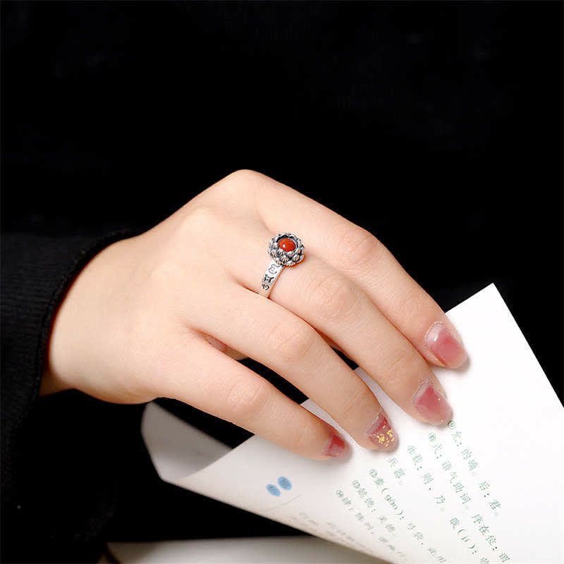 Anillo de bendición de confianza de ágata roja de loto de plata de ley 925