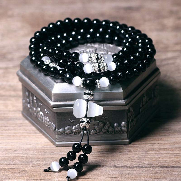 Pulsera de meditación con cuentas de cristal blanco de ónix negro