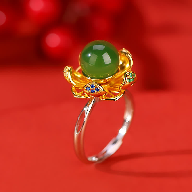 Anillo de éxito de flor de loto de jade cian blanco de plata de ley 925