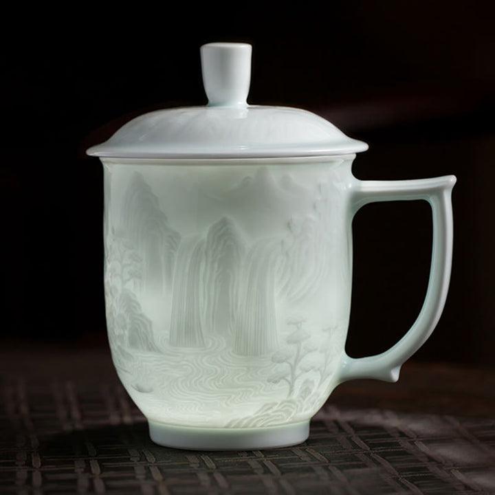 Buddha Stones Jingdezhen, porcelana blanca hecha a mano, gran pared, paisaje, taza de té de cerámica grabada, taza de oficina, tazas de té