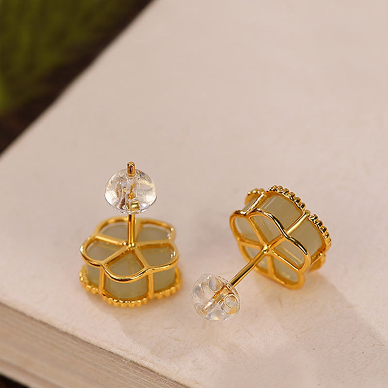 Pendientes de plata de ley 925 con Buddha Stones , jade hetiano y flor de ciruelo