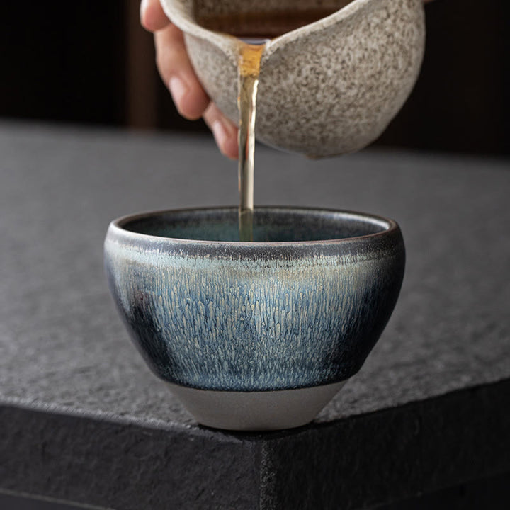 Buddha Stones Vintage chino plata azul Jianzhan horno cambio porcelana taza de té Kung Fu