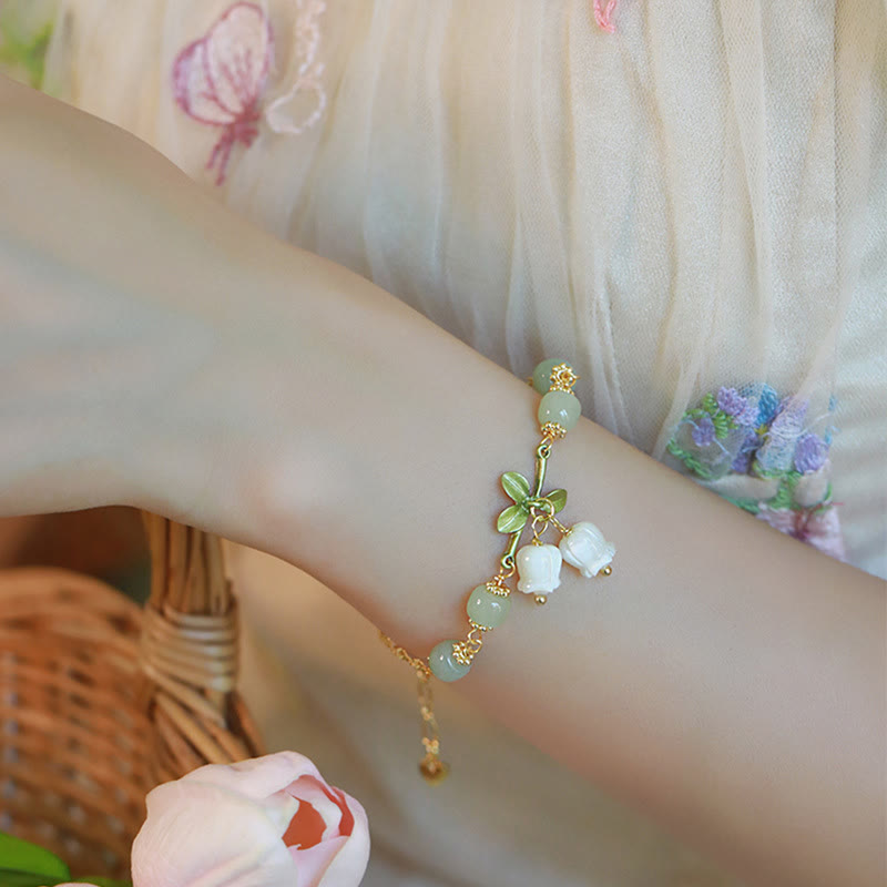 Pulsera de cadena de prosperidad de lirio de los valles con cuentas de jade verde y Buddha Stones
