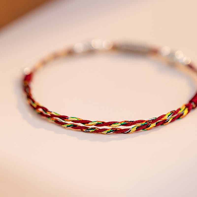 Pulsera tobillera de hilo colorido trenzado con pez Koi de la suerte de plata de ley 925 con Buddha Stones