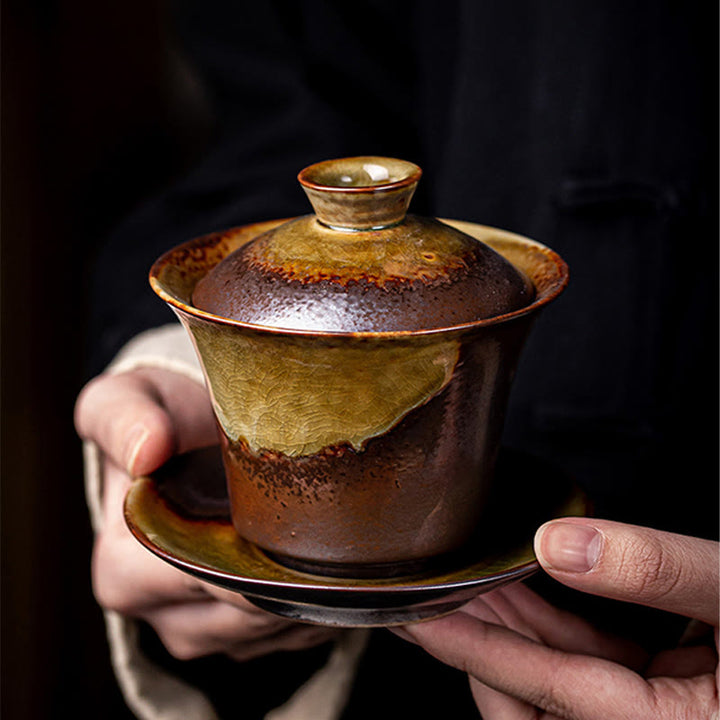 Buddha Stones Vintage marrón horno cambiar diseño porcelana cerámica Gaiwan Sancai taza de té Kung Fu y platillo con tapa