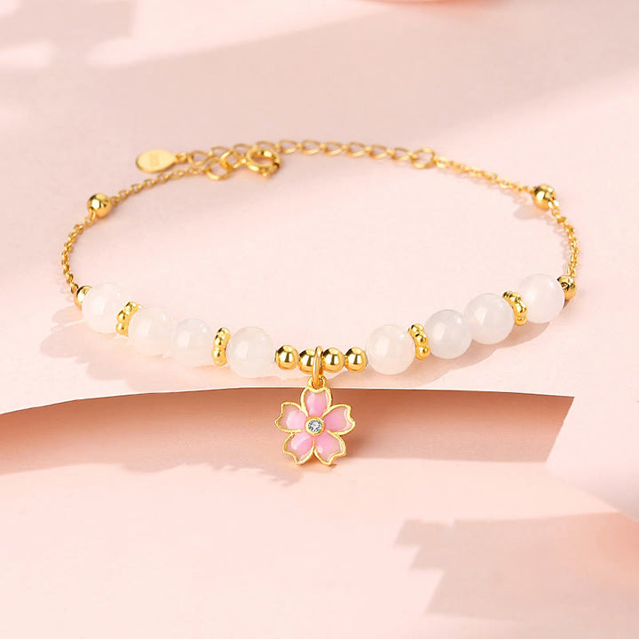 Pulsera de protección de flor de cerezo de jade blanco hetiano de plata de ley 925 con Buddha Stones
