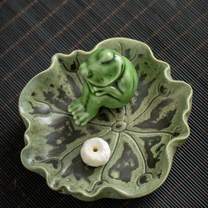 Quemador de incienso de cerámica curativo con patrón de rana para meditación de hojas de Buddha Stones, decoración