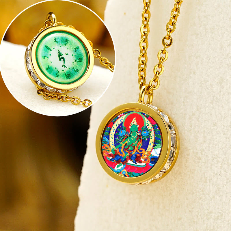 Buddha Stones tibetano amarillo dios de la riqueza Tara verde Buda serenidad collar de acero titanio colgante - Tara Verde Delantera Mantra Trasera - image 13