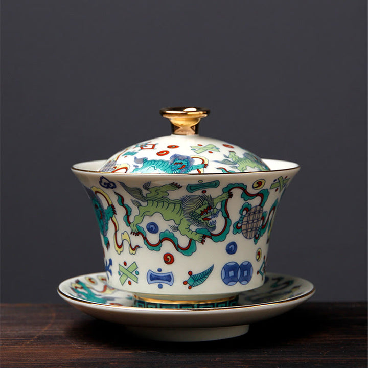 Buddha Stones Retro, flor de ciruelo, pino, bambú, Phoenix Kirin, cerámica Gaiwan Sancai, taza de té de Kung Fu y platillo con tapa