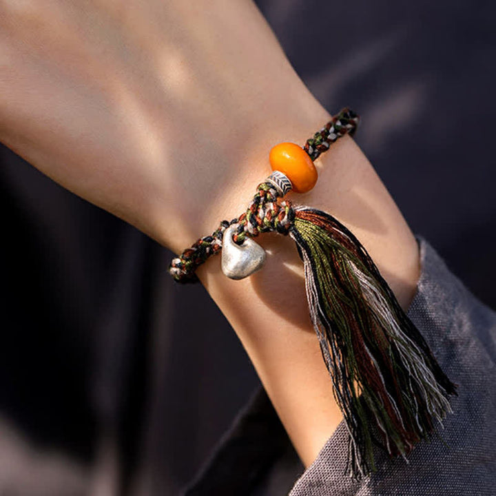 Pulsera de protección de deseos de peso de acero de ámbar hecho a mano tibetana de plata de ley 990