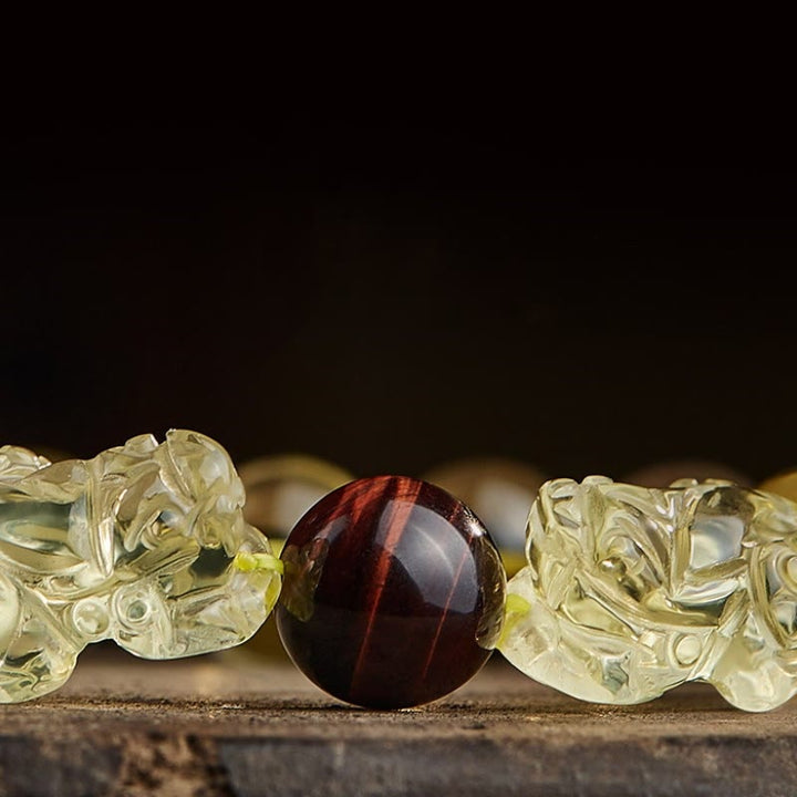 Pulsera de protección de prosperidad de ojo de tigre doble PiXiu de citrino natural de Buddha Stones