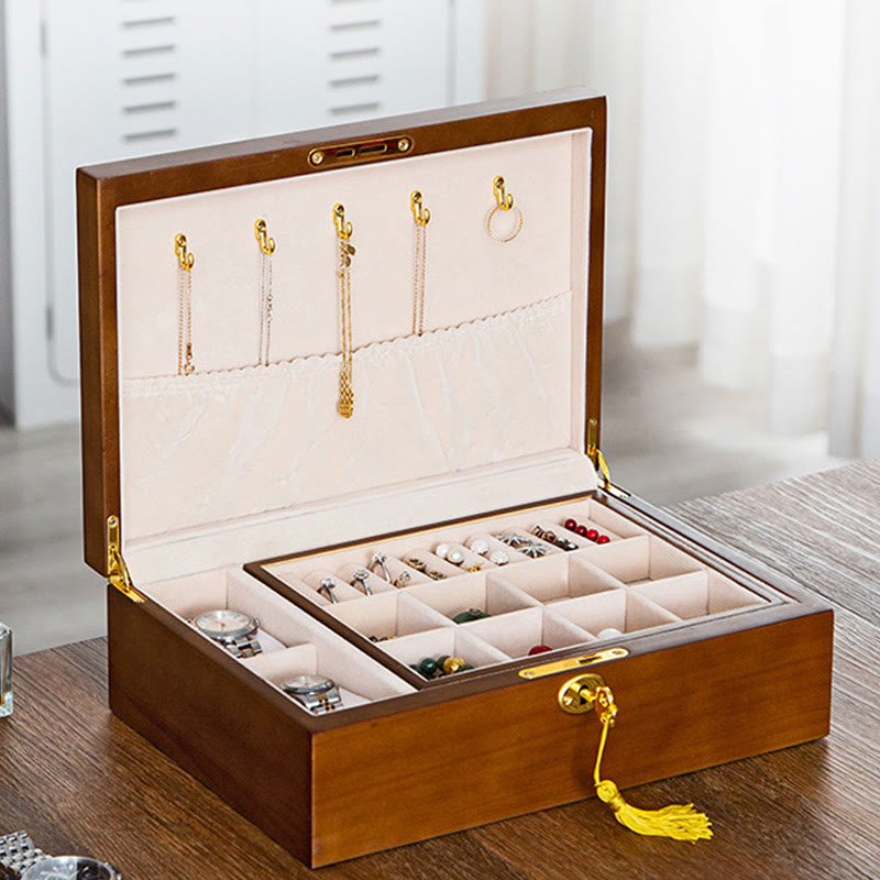 Caja de joyería de madera vintage con Buddha Stones, caja de almacenamiento de joyería de madera maciza de dos capas