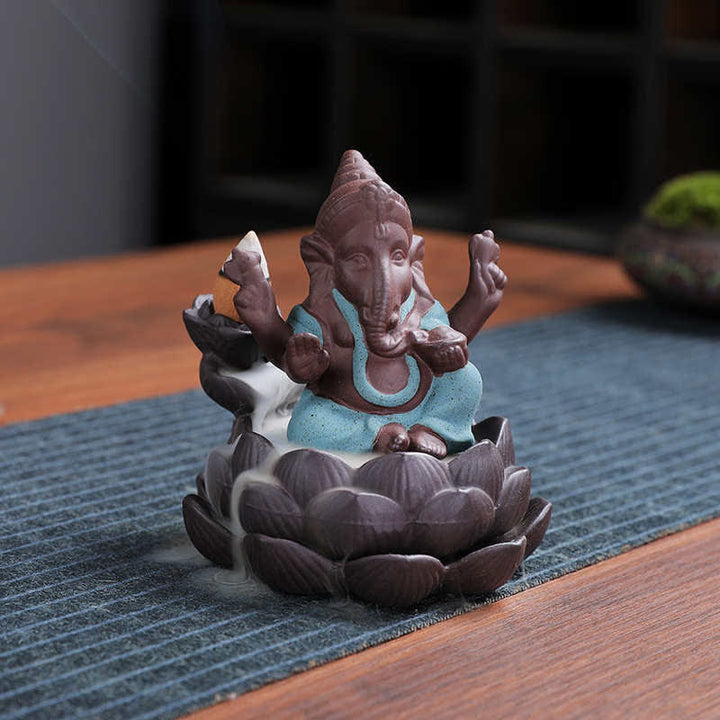 Quemador de incienso de protección de fuente de humo de reflujo de arcilla púrpura elefante Ganesh