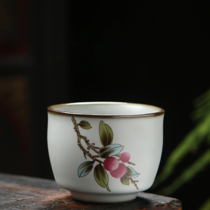 Taza de té de cerámica con Buddha Stones , níspero, lichi, paisaje nevado, uva, manzana, taza de té de Kung Fu