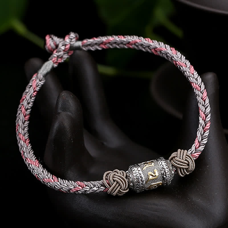 Pulsera de hilo rojo de plata de ley 925 con Buddha Stones Om Mani Padme Hum, rueda de oración, fuerza de la suerte