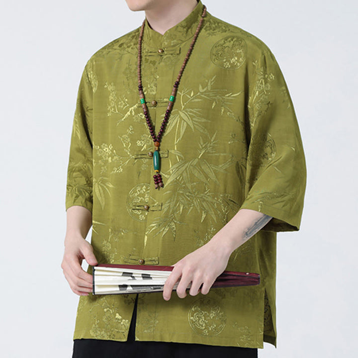Camiseta china de media manga con botones de rana y hojas de bambú, flor de melocotón, Buddha Stones , camiseta para hombre