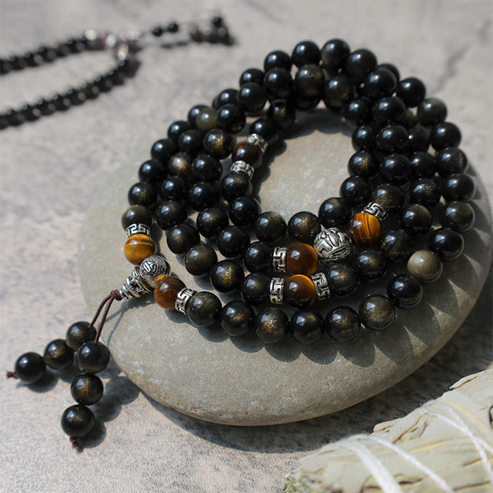 Collar Pulsera Energía Obsidiana Dorada