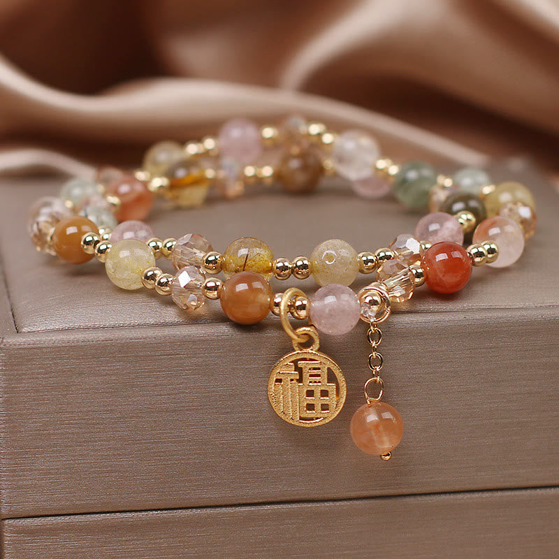 Pulsera auspiciosa con carácter Fu de cuarzo rutilado multicolor con Buddha Stones