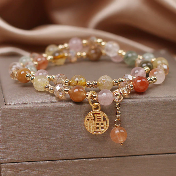 Pulsera auspiciosa con carácter Fu de cuarzo rutilado multicolor con Buddha Stones