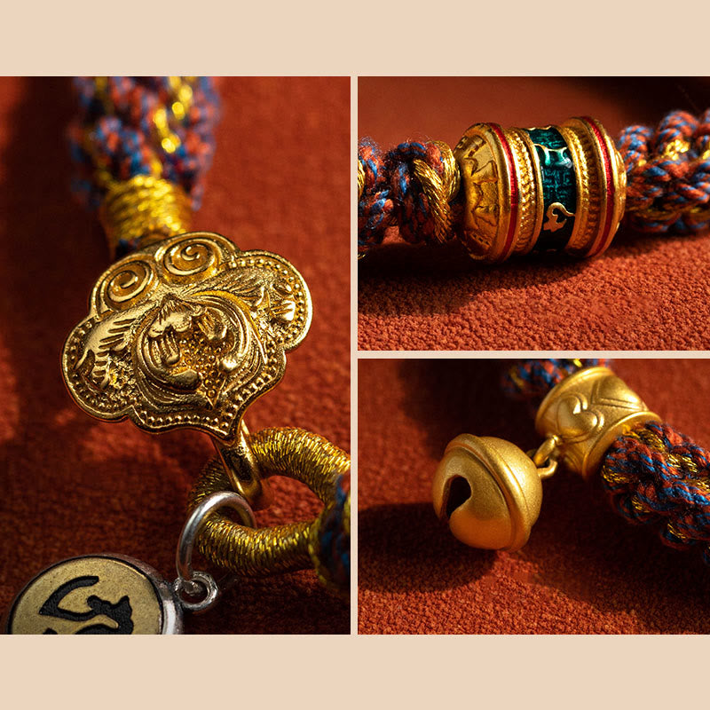 Pulsera de cuerda trenzada con campana de la suerte, Om Mani Padme Hum, Buda natal del zodíaco chino, Plata de Ley 925 con Buddha Stones