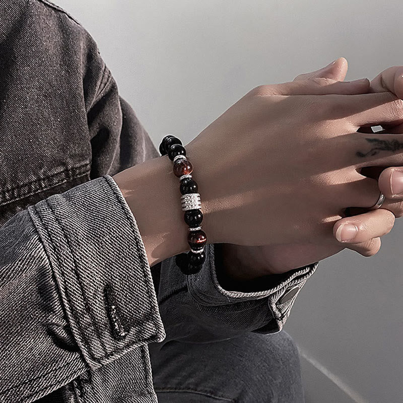 Pulsera de cumplimiento de fuerza de ojo de tigre de obsidiana negra natural con Buddha Stones