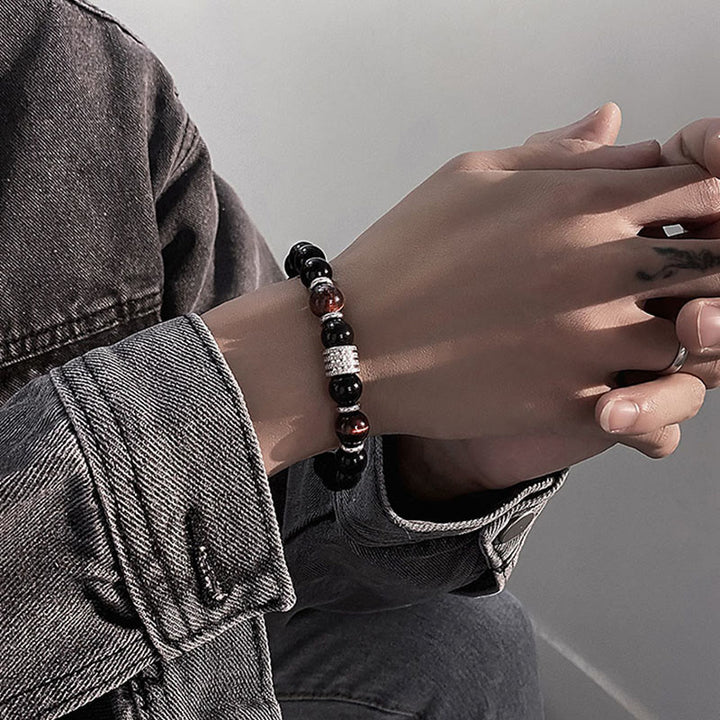 Pulsera de cumplimiento de fuerza de ojo de tigre de obsidiana negra natural con Buddha Stones