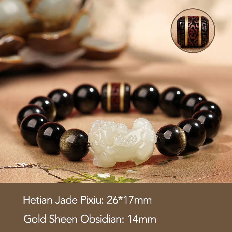 Buddha Stones Brillo de oro natural Obsidiana Hetian Cian Jade Blanco Jade PiXiu Pulsera de riqueza