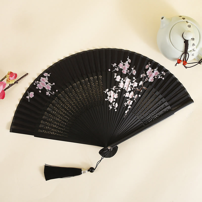 Abanico plegable de bambú de mano con Buddha Stones, flor de hibisco, flor de ciruelo