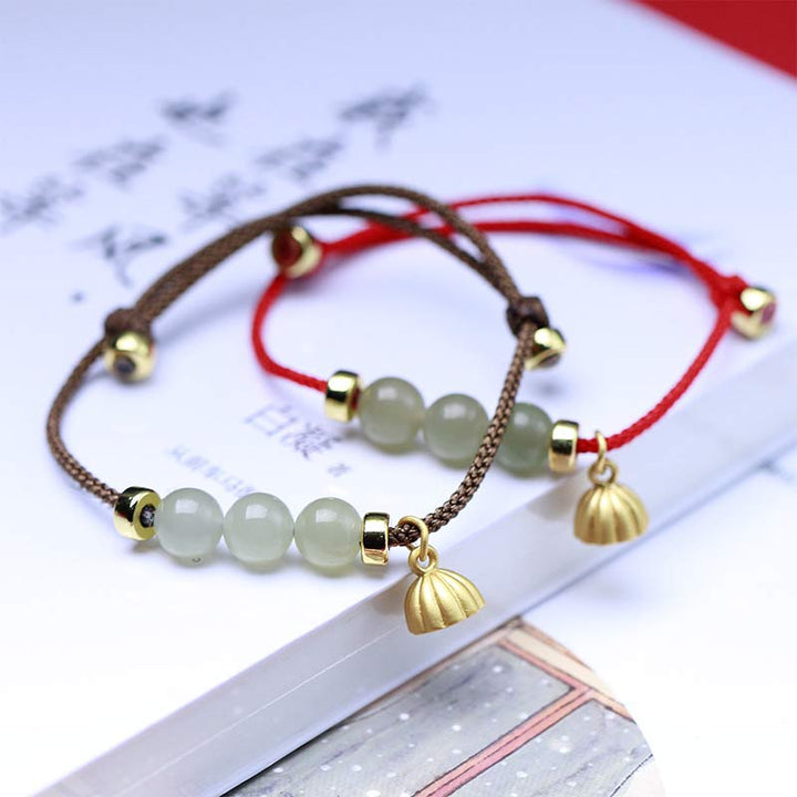 Pulsera de tejido de hilo rojo con Buddha Stones, Jade Natural, semilla de loto, fuerza