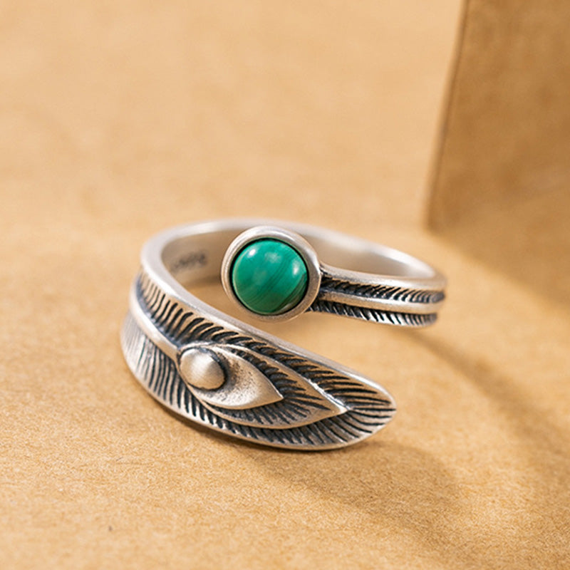 Anillo de protección de plumas de cuentas de malaquita de plata de ley 925