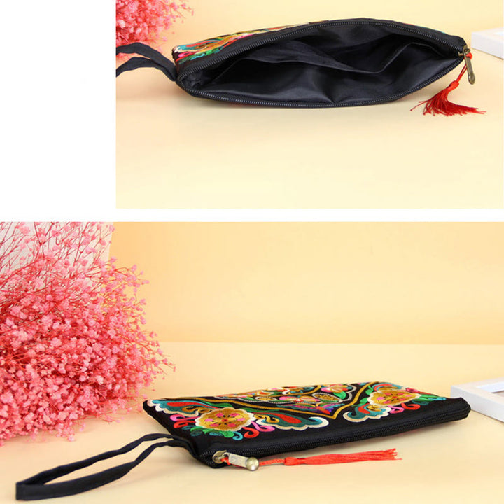 Cartera de compras con bordado de flores de Buddha Stones, dragón, mariposa, cosmos