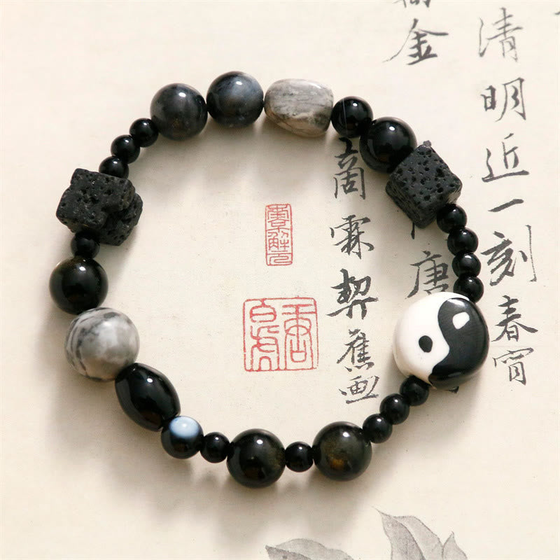 Pulsera de protección de la fortuna Yin Yang con cuentas de jaspe Picasso de ónix negro y Buddha Stones